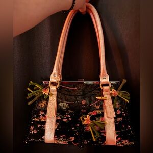 Vintage Mary Frances Black Floral Beaded Purse Pink & Green Embellished